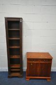 A 20TH CENTURY OAK TALL SLIM OPEN BOOKCASE, width 45cm x depth 30cm x height 182cm, along with a yew