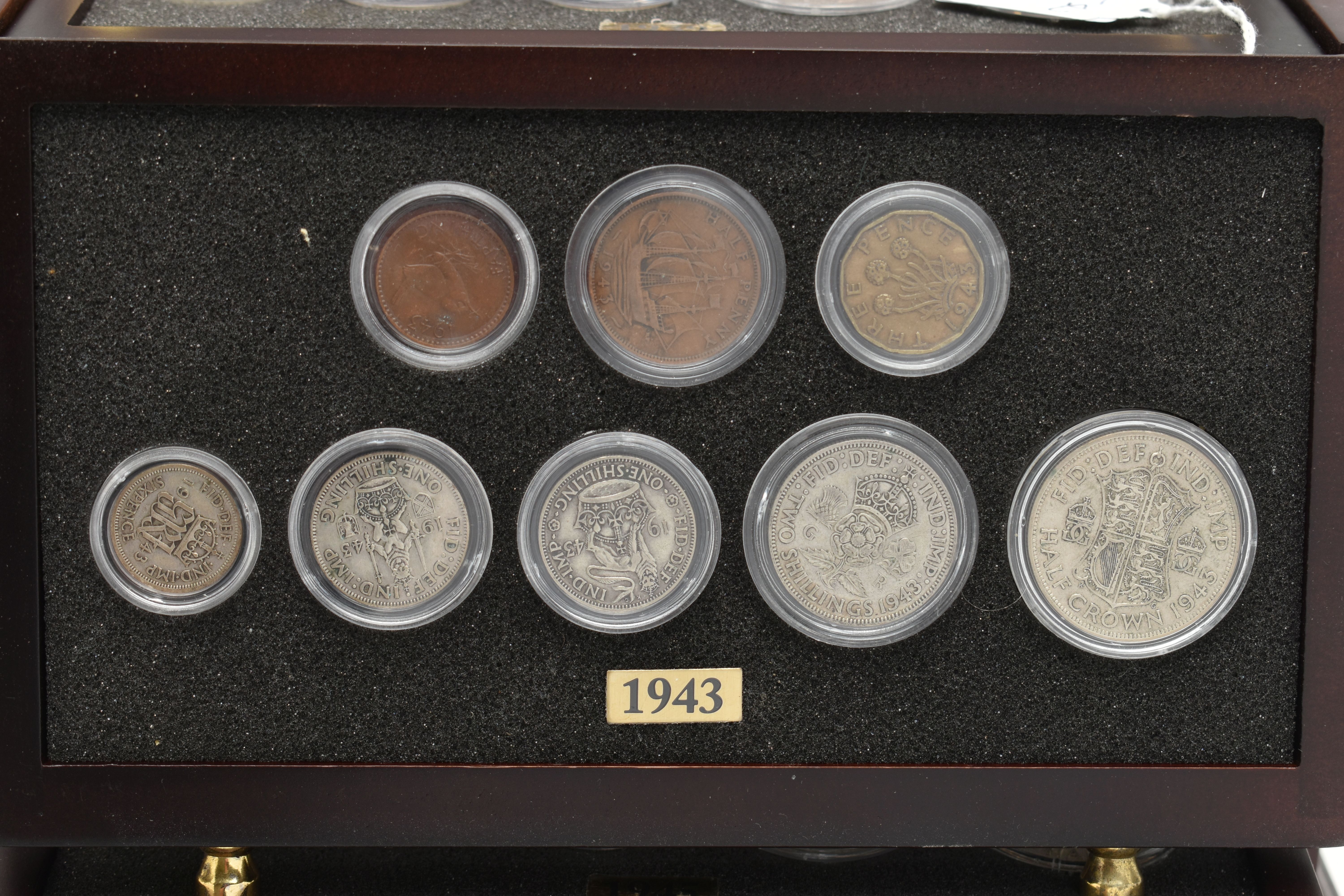 A SMALL WOODEN COIN CABINET, consisting of eight drawers seven containing UK coinage from 1939-1945, - Image 6 of 9