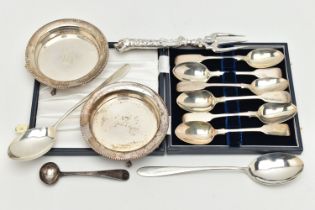 A PARCEL OF 19TH AND 20TH CENTURY SILVER, comprising a set of six Victorian Fiddle pattern