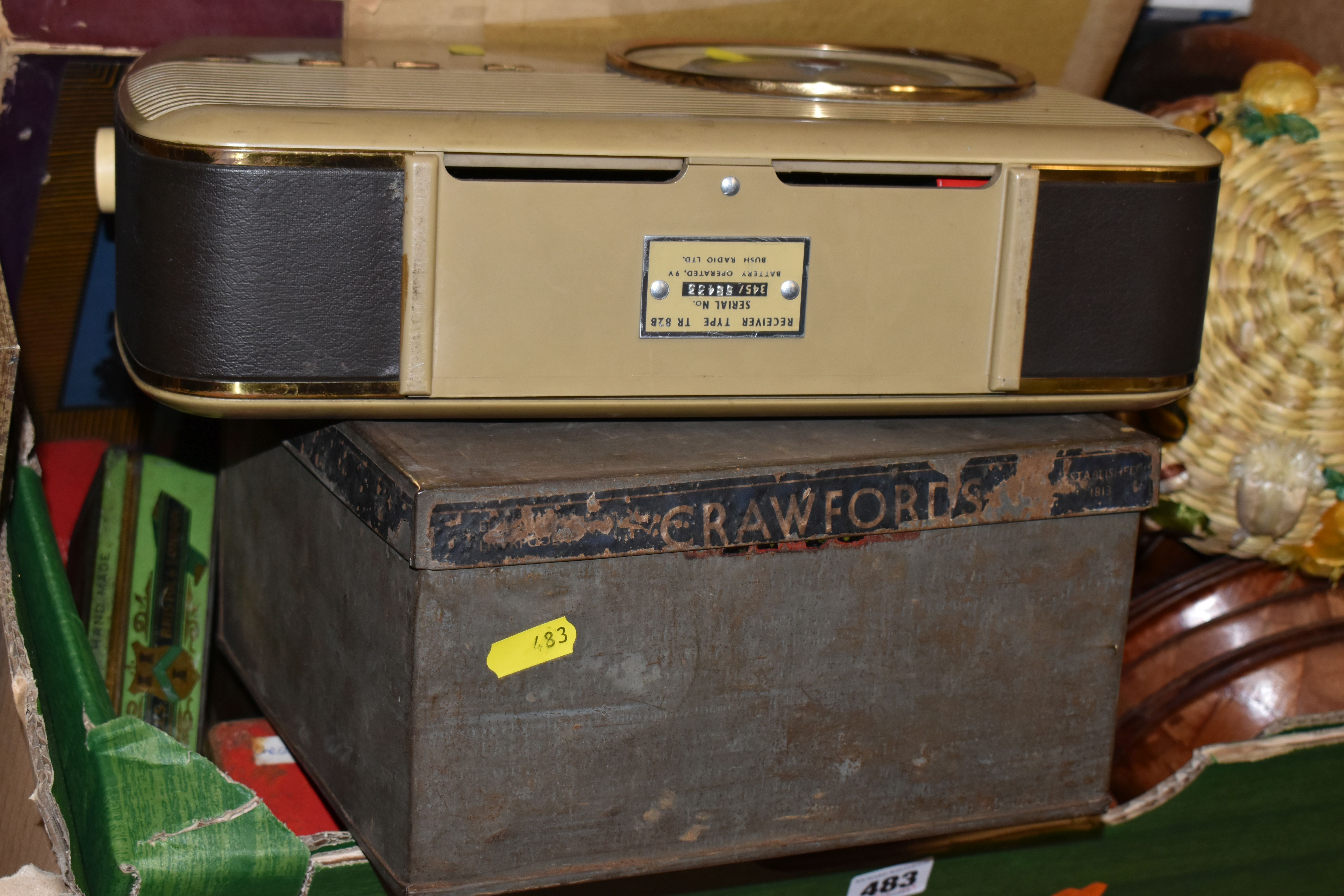 FIVE BOXES AND LOOSE MISCELLANEOUS SUNDRIES, to include a collection of vintage tins, a vintage Bush - Image 11 of 11