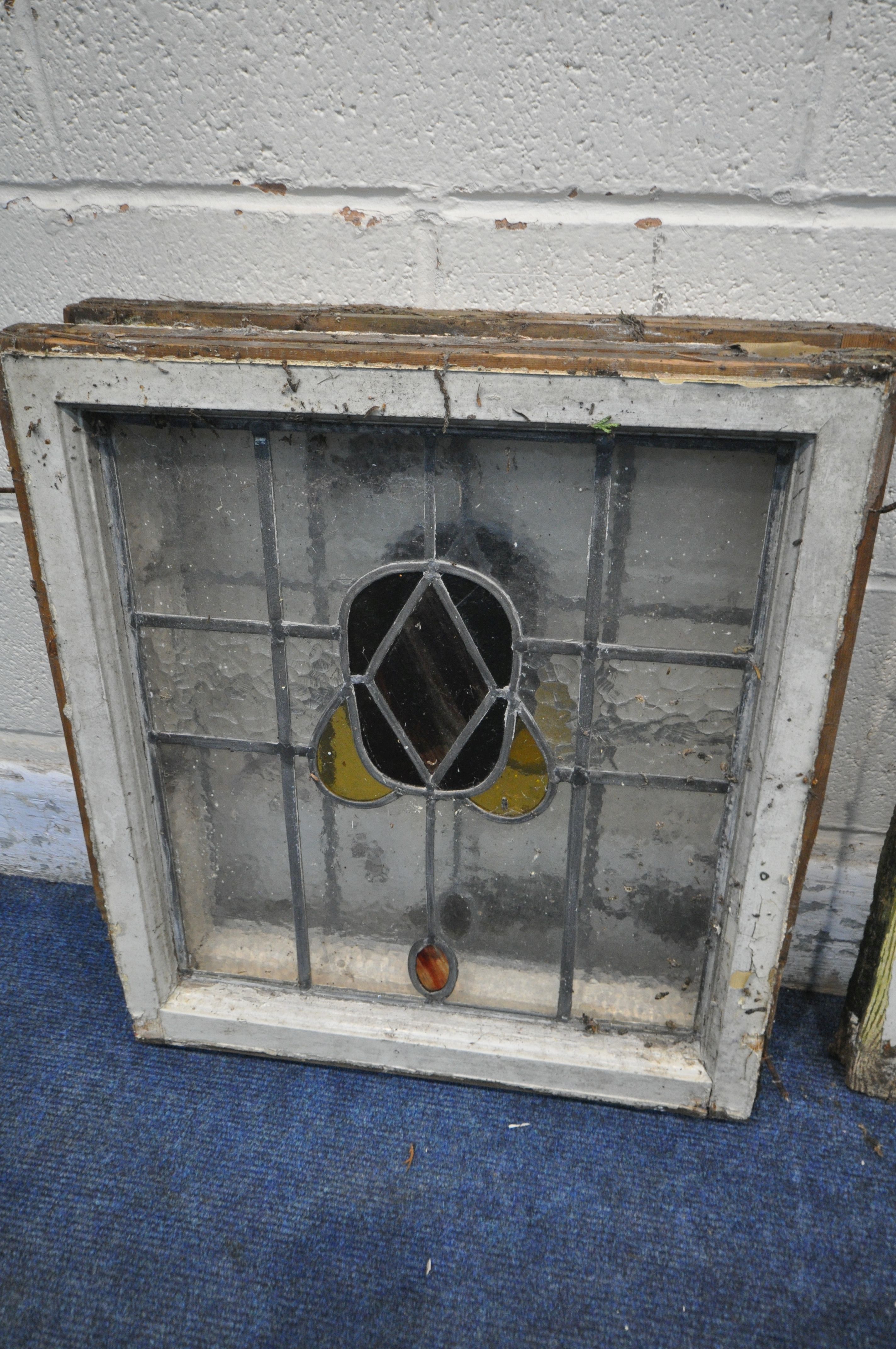 FOUR MATCHING LEAD GLAZED STAINED GLASS WINDOWS, frame size 50cm x 55cm, along with a circular - Image 2 of 6