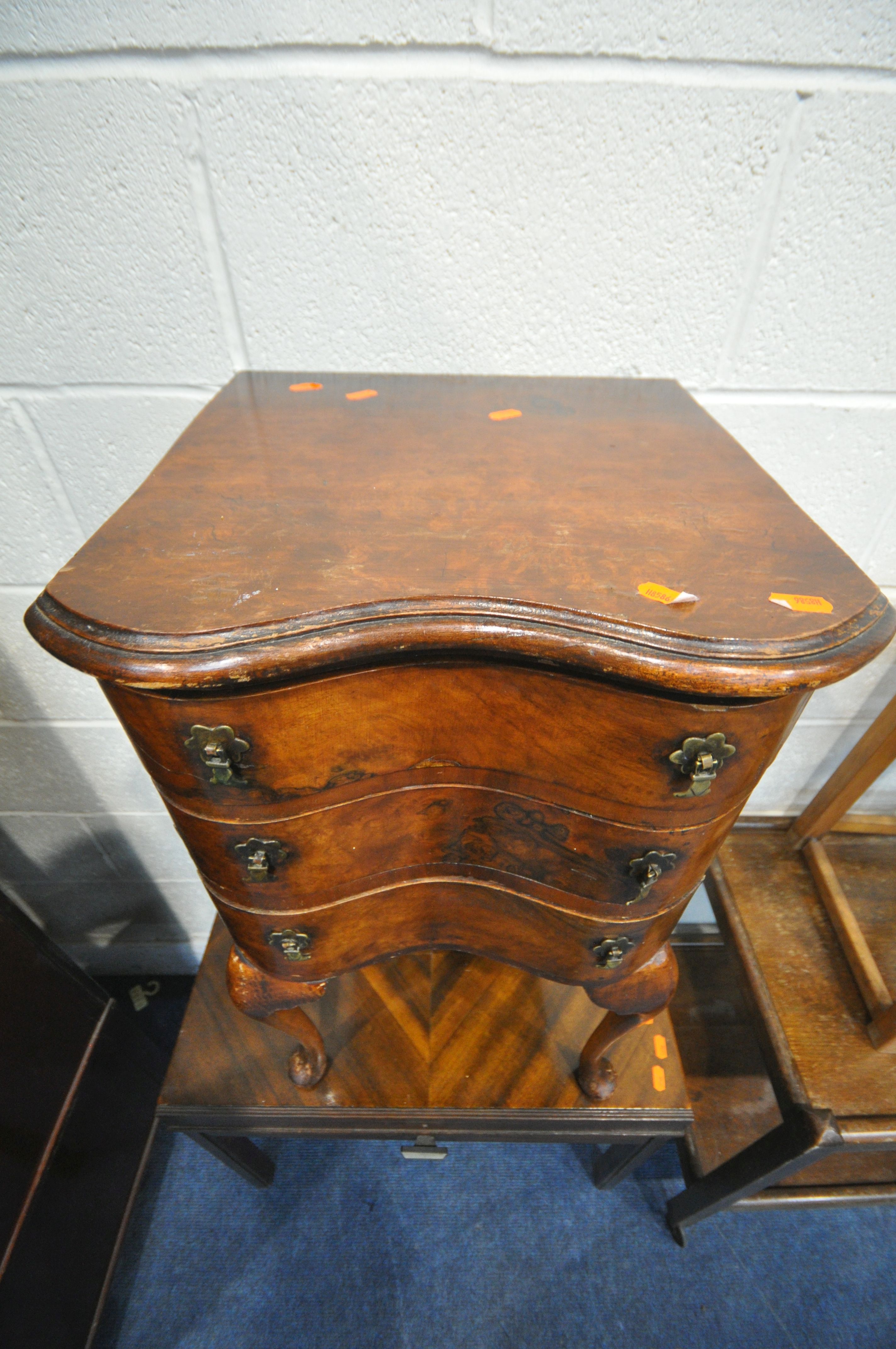 A VARIETY OF OCCASIONAL FURNITURE, to include a burr walnut serpentine three drawer bedside chest, - Image 3 of 6