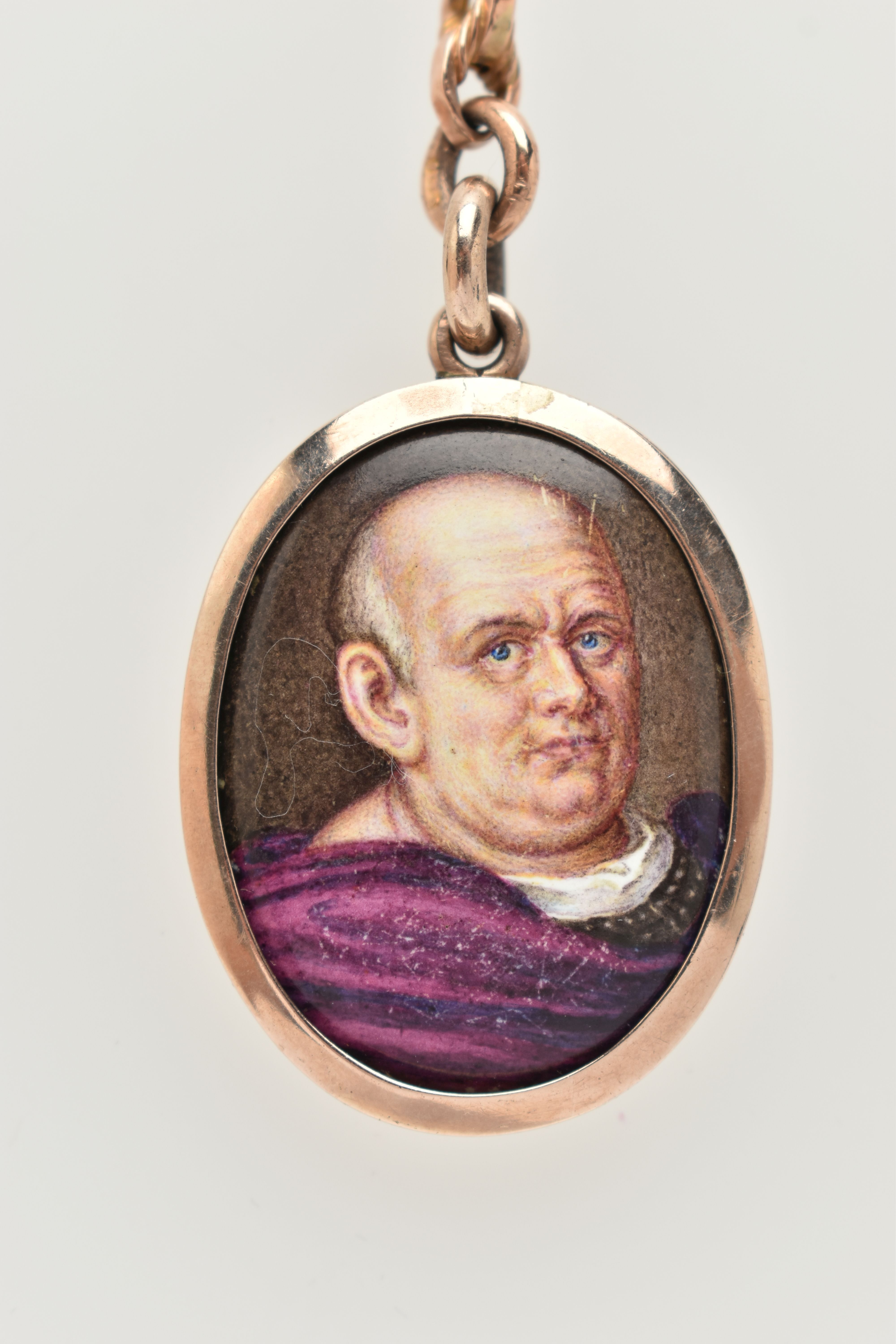 AN EARLY 20TH CENTURY MINIATURE PORTRAIT PENDANT AND CHAIN, the oval enamel pendant depicting a - Image 3 of 7