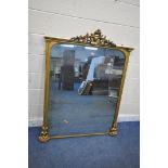 A 19TH CENTURY GILT WOOD FRAME OVERMANTEL MIRROR, with foliate crest and other details, width
