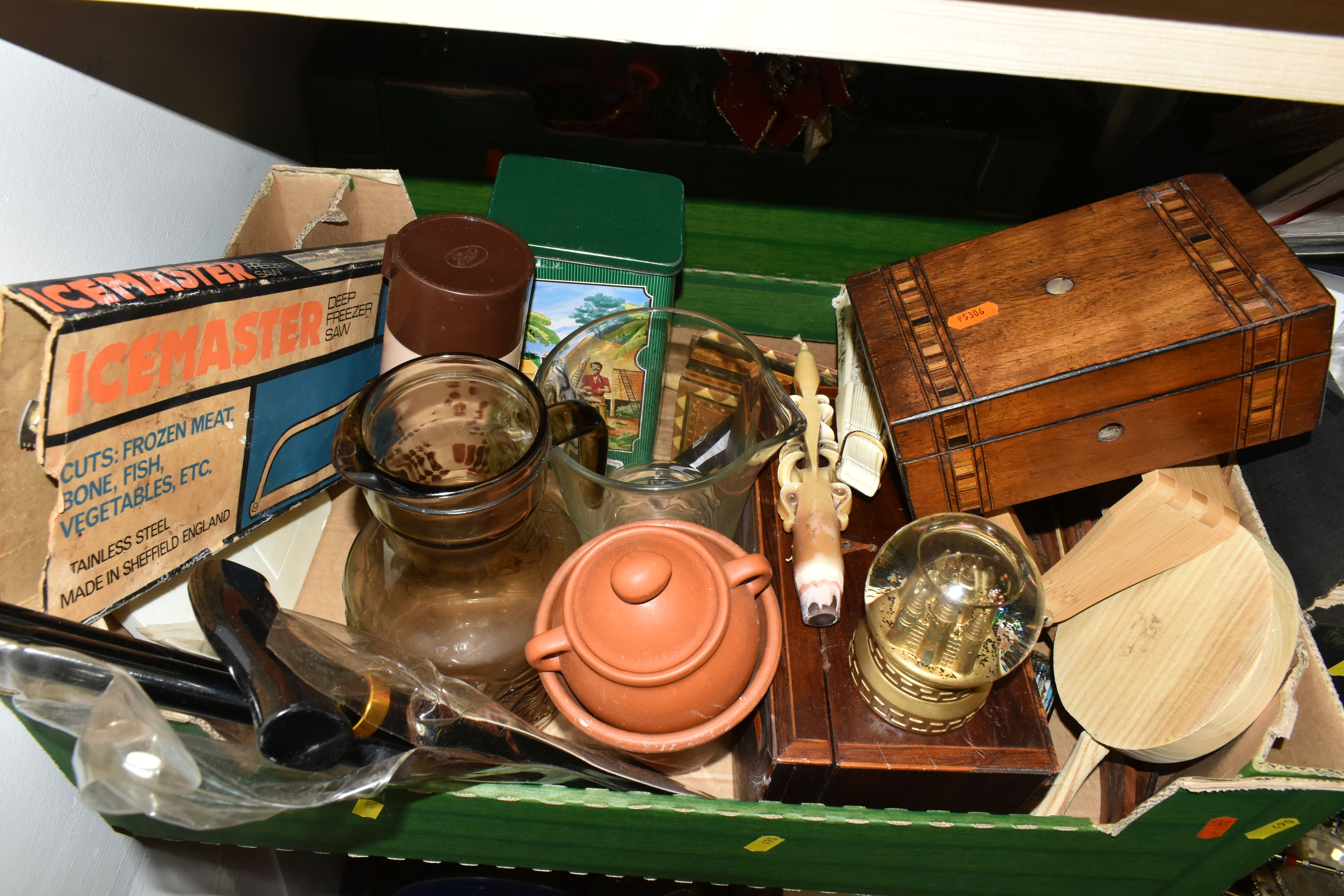 SEVEN BOXES OF KITCHENWARE AND SUNDRIES, to include oven dishes, framed prints, Christmas - Image 7 of 8