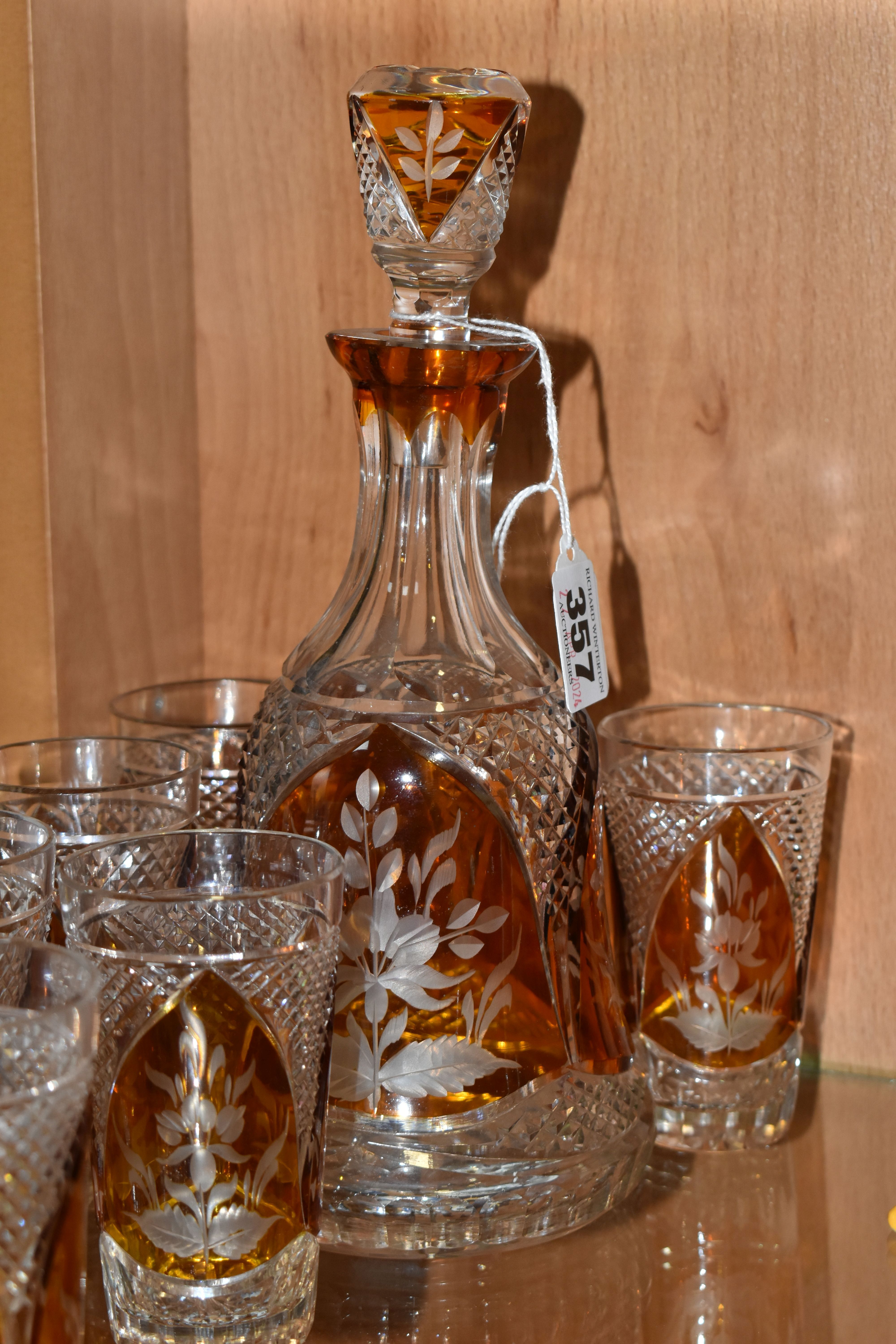 A CONTINENTAL AMBER CUT TO CLEAR DECANTER AND GLASSES, the part set incudes mallet form decanter - Image 2 of 7