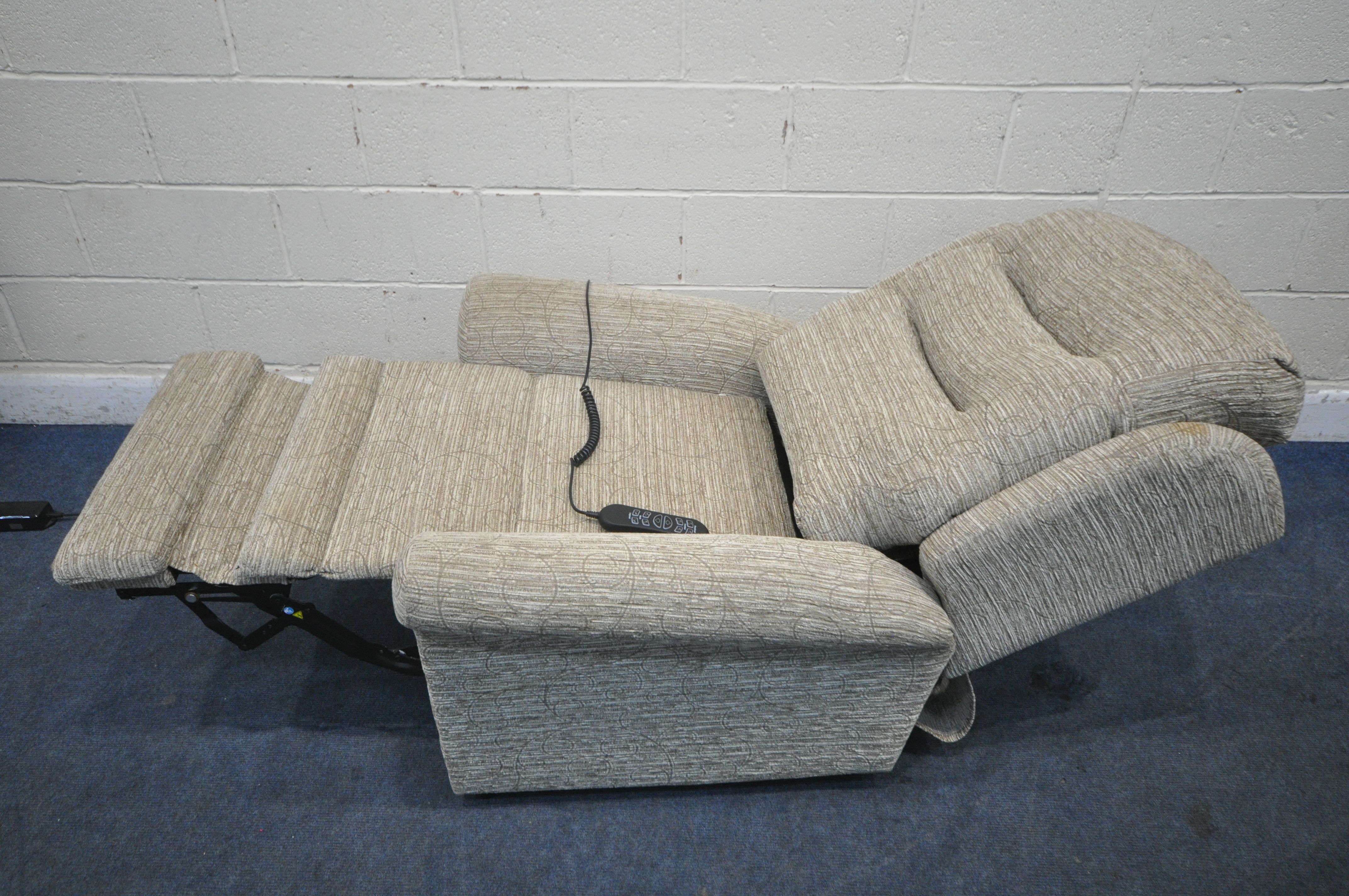 AN UNBRANDED BEIGE UPHOLSTERED RISE AND RECLINE ARMCHAIR, width 90cm x depth 90cm x height 105cm ( - Image 2 of 6