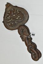 A PAIR OF LATE 19TH / EARLY 20TH CENTURY WOODEN BELLOWS ORNATELY CARVED WITH ORIENTAL DRAGONS, three