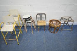 A PAIR OF 20TH CENTURY CHILDS HIGH CHAIRS, with metal frame, a set of three stools, two industrial