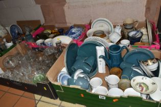 FIVE BOXES AND LOOSE CERAMICS AND GLASS ETC, to include Poole Pottery part dinner service, Sadler