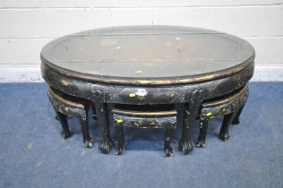 A 20TH CENTURY ORIENTAL OVAL TABLE, with foliate and bird decoration, length 128cm x depth 79cm x