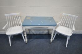 A 20TH CENTURY PARTIALLY PAINTED FORMICA TOP TABLE, with a single frieze drawer, on turned legs,