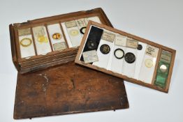 A COLLECTION OF VICTORIAN AND EARLY 20TH CENTURY MICROSCOPE SLIDES IN A FITTED WOODEN BOX, the