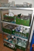 SIX BOXES OF ASSORTED CERAMICS AND GLASS WARES ETC, to include Colclough floral pattern part