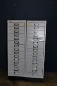 TWO BISLEY OFFICE FILE DRAWERS metal in construction both with fifteen drawers 94cm high one has
