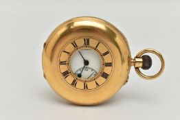 AN EARLY 20TH CENTURY 18CT GOLD HALF HUNTER POCKET WATCH, hand wound movement, round white dial,