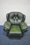 A GREEN LEATHER MANUAL RECLINING ARMCHAIR, width 103cm x depth 105cm x height 97cm (condition