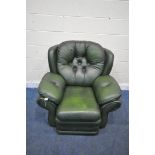 A GREEN LEATHER MANUAL RECLINING ARMCHAIR, width 103cm x depth 105cm x height 97cm (condition