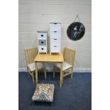 A MODERN BEECH EFFECT KITCHEN TABLE, 70cm squared x height 77cm, a pair of chairs, a footstool,