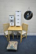 A MODERN BEECH EFFECT KITCHEN TABLE, 70cm squared x height 77cm, a pair of chairs, a footstool,