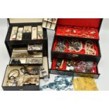 TWO JEWELLERY BOXES AND JEWELLERY, large jewellery boxes containing assorted jewellery, including
