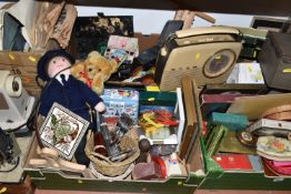 FIVE BOXES AND LOOSE MISCELLANEOUS SUNDRIES, to include a collection of vintage tins, a vintage Bush