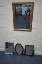 A RECTANGULAR BEVELLED EDGE WALL MIRROR, with floral detail, 86cm x 62cm, two other wall mirrors and