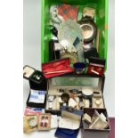 A BOX OF ASSORTED COSTUME JEWELLERY AND ITEMS, to include a boxed pair of WWII medals, unassigned,