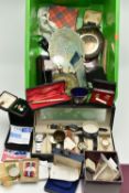A BOX OF ASSORTED COSTUME JEWELLERY AND ITEMS, to include a boxed pair of WWII medals, unassigned,