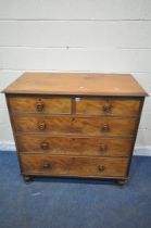 A GEORGIAN MAHOGANY CHEST OF TWO SHORT OVER THREE LONG DRAWERS, raised on turned feet, width 111cm x