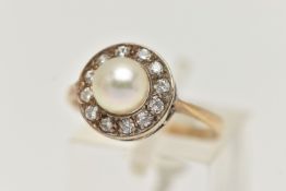 A 9CT GOLD CLUSTER RING, designed as a central cultured pearl, within a circular cut cubic