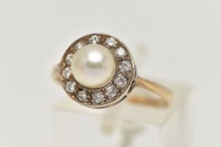 A 9CT GOLD CLUSTER RING, designed as a central cultured pearl, within a circular cut cubic