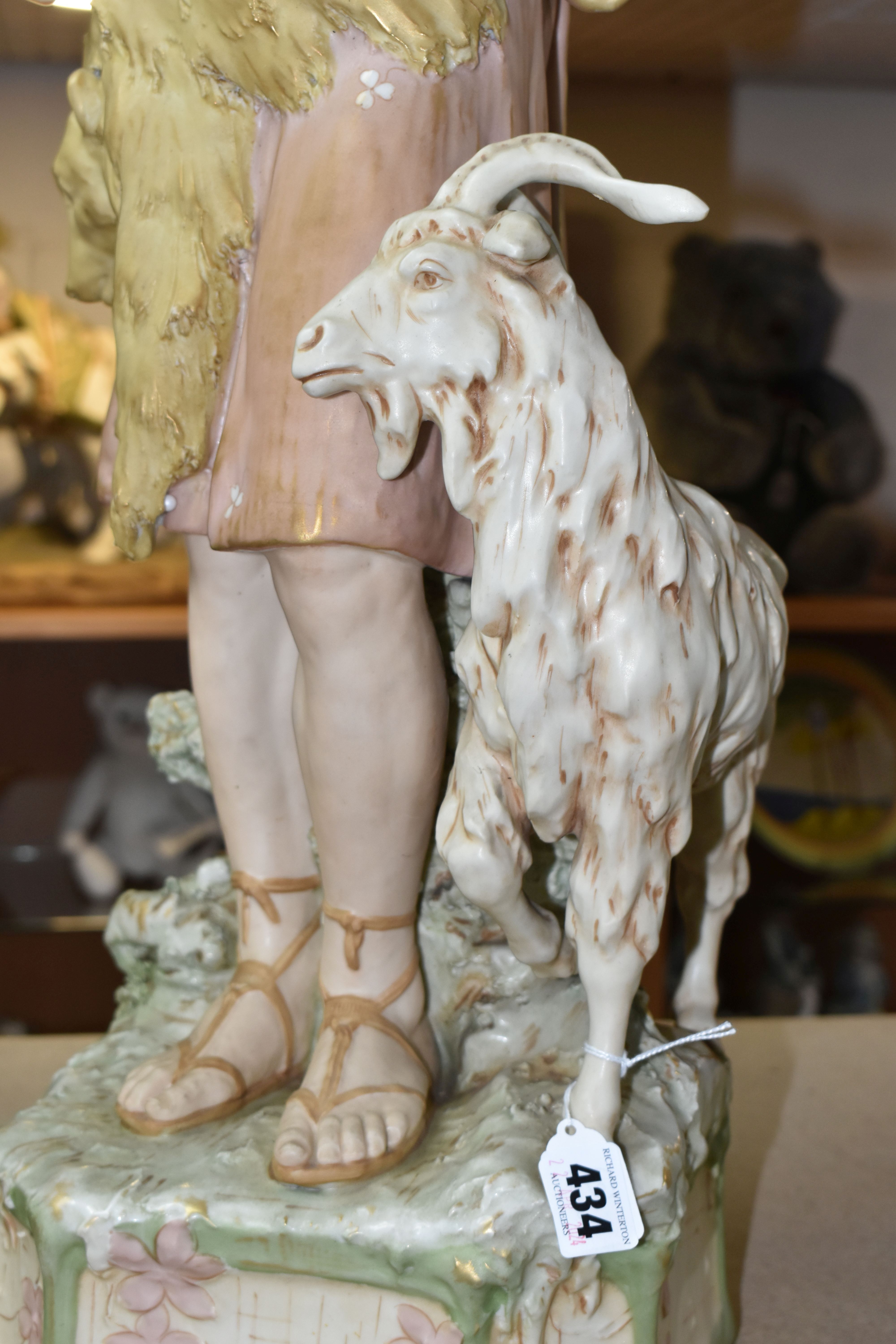 A ROYAL DUX SCULPTURE OF A GOATHERD WITH A GOAT, pink makers mark and impressed numbers 1061 to - Image 3 of 10