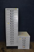 TWO BISLEY OFFICE FILE DRAWERS metal in construction the tall one with fifteen drawers 94cm high,