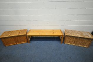A PINE RECTANGULAR COFFEE TABLE, length 143cm x depth 45cm x height 44cm, along with two pine