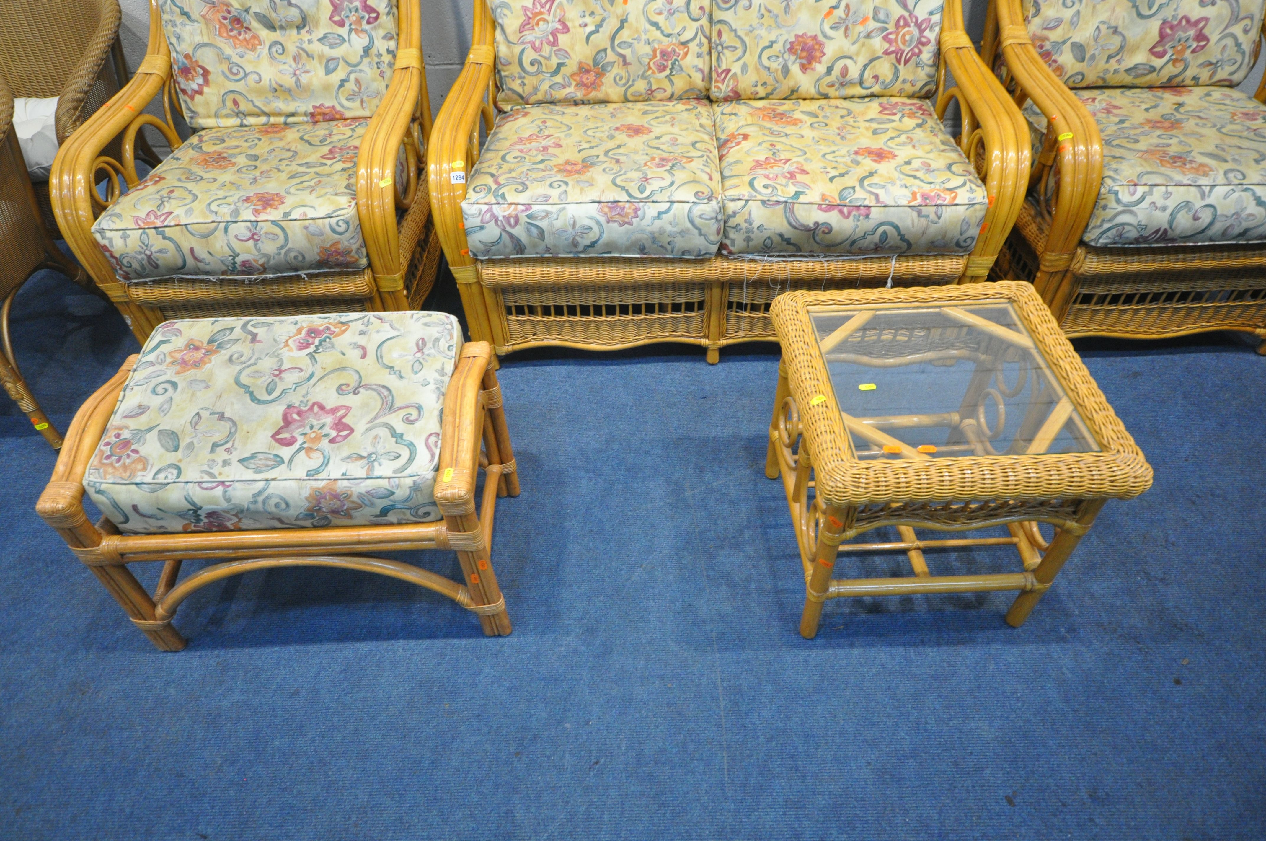A RATTAN FIVE PIECE CONSERVATORY SUITE, comprising a two seater sofa, a pair of armchairs, a - Image 3 of 4