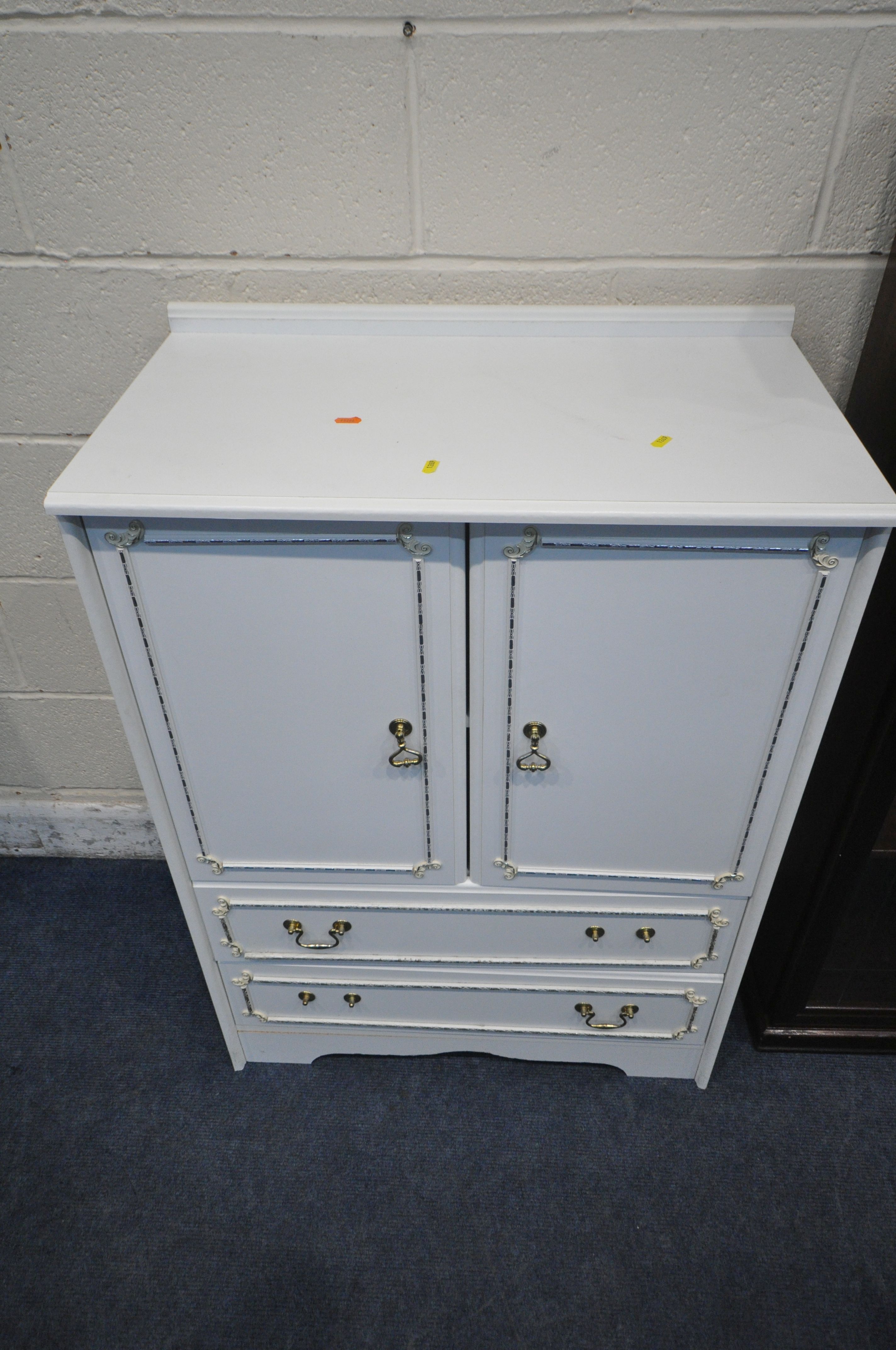 A HARBOUR HOUSEWARES TABLE AND TWO CHAIRS, with tubular metal frame, a white cabinet, with two doors - Image 4 of 4