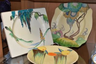 THREE CLARICE CLIFF DESIGN PLATES, comprising a Delicia tea plate in Citrus pattern, printed