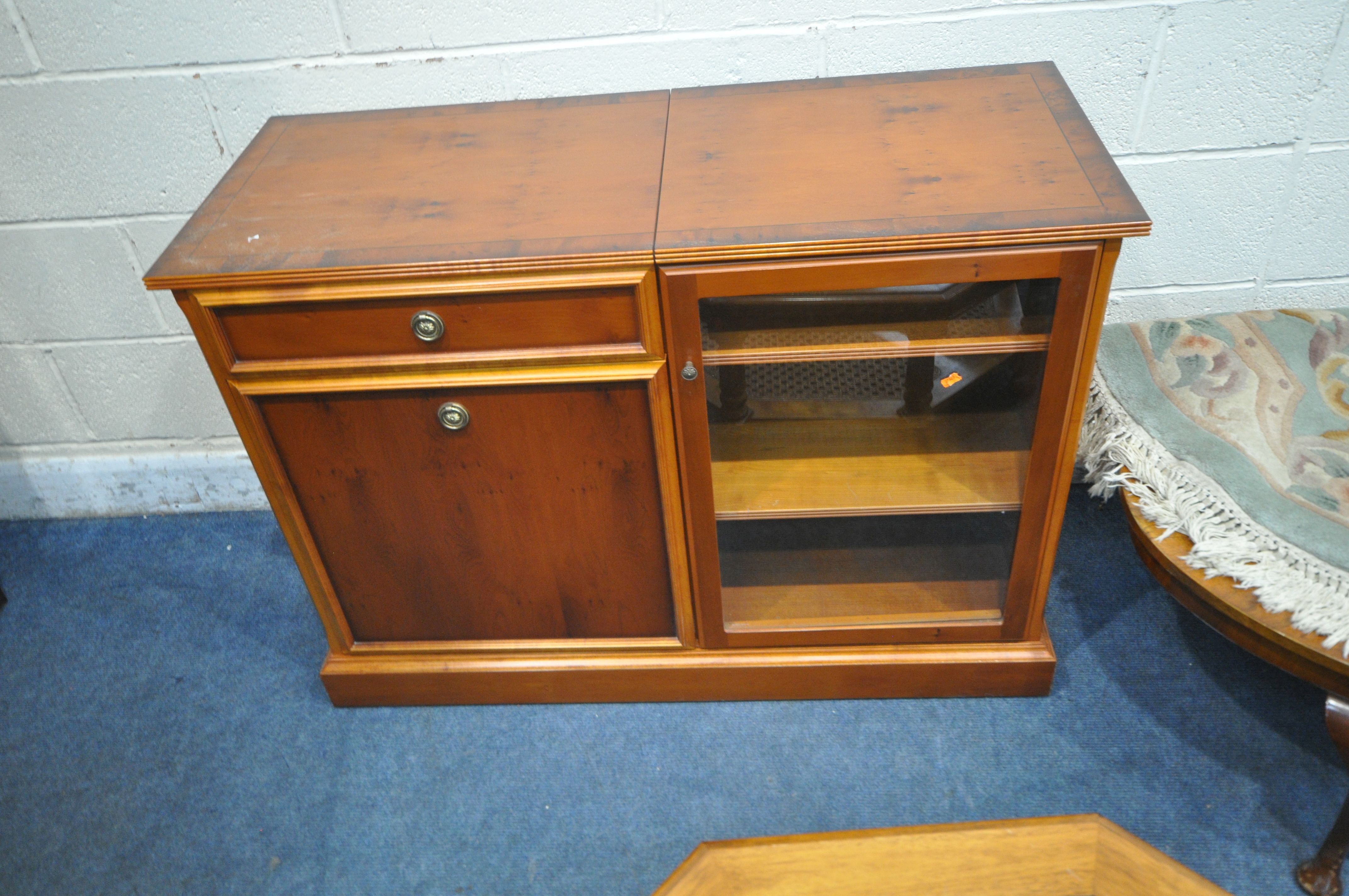 A YEW WOOD MEDIA CABINET, fitted with a hinged lid, a glass door, a cupboard door and a single - Image 2 of 4