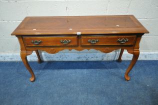 AN ITALIAN REPRODUCTION RECTANGULAR SIDE TABLE, with two frieze drawers, wavy apron, raised on