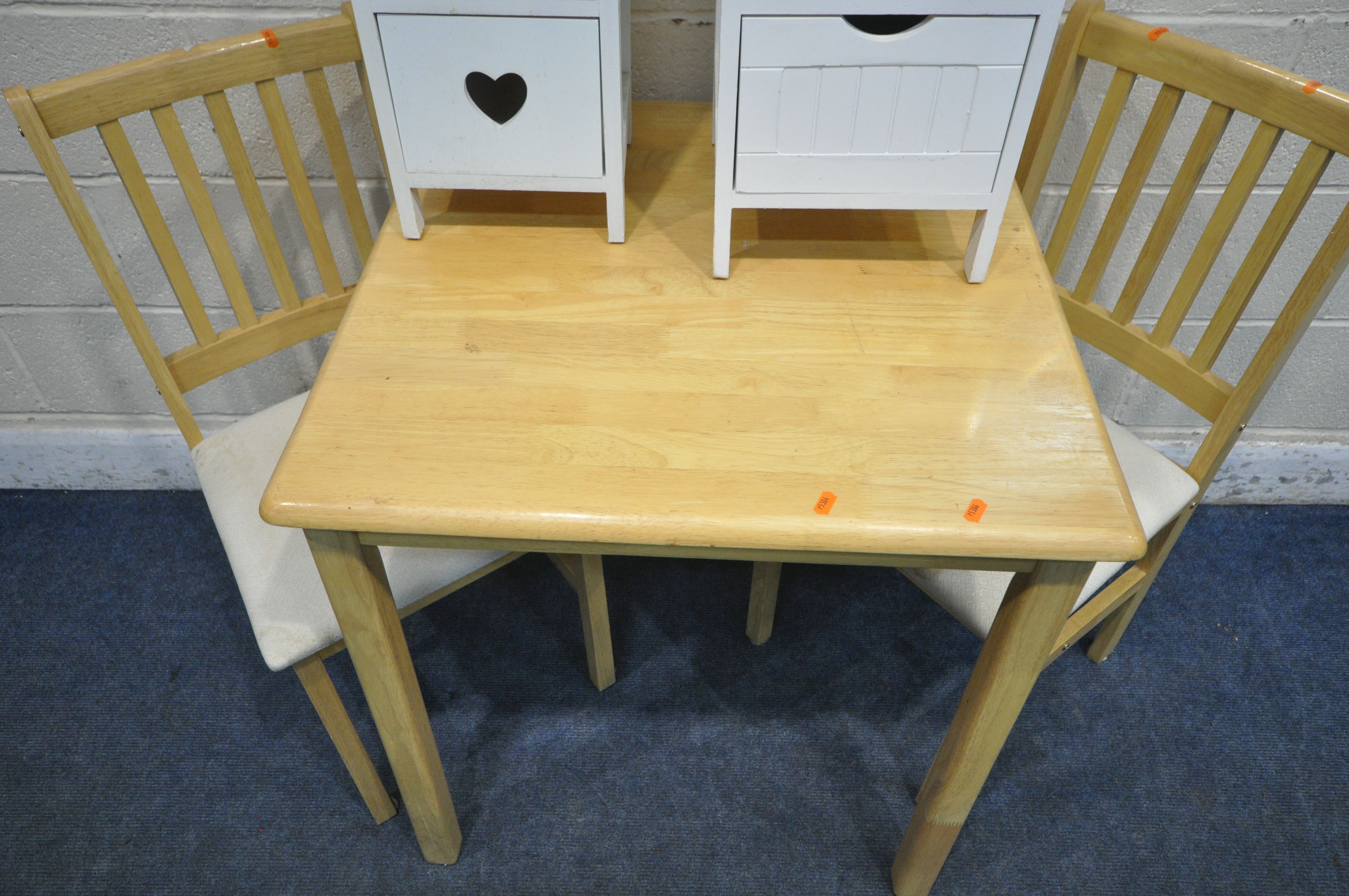 A MODERN BEECH EFFECT KITCHEN TABLE, 70cm squared x height 77cm, a pair of chairs, a footstool, - Image 3 of 4