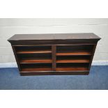 A 20TH CENTURY MAHOGANY OPEN BOOKCASE, with four adjustable shelves, length 168cm x depth 36cm x