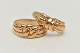 TWO 9CT GOLD RINGS, one in the form of a knot, hallmarked 9ct London, ring size leading edge O,