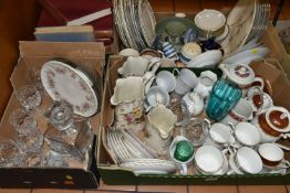 FOUR BOXES OF GLASS, CERAMICS AND BOOKS ETC, to include Royal Grafton and Royal Stafford tea