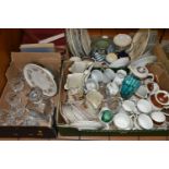 FOUR BOXES OF GLASS, CERAMICS AND BOOKS ETC, to include Royal Grafton and Royal Stafford tea