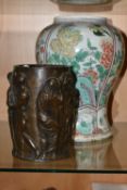 A CHINESE GINGER JAR AND CAST BRONZE CYLINDER, comprising a Chinese Famille Vert porcelain jar,