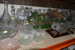 THREE BOXES AND LOOSE ASSORTED GLASSWARES, to include modern decanters, a decanter and whiskey glass