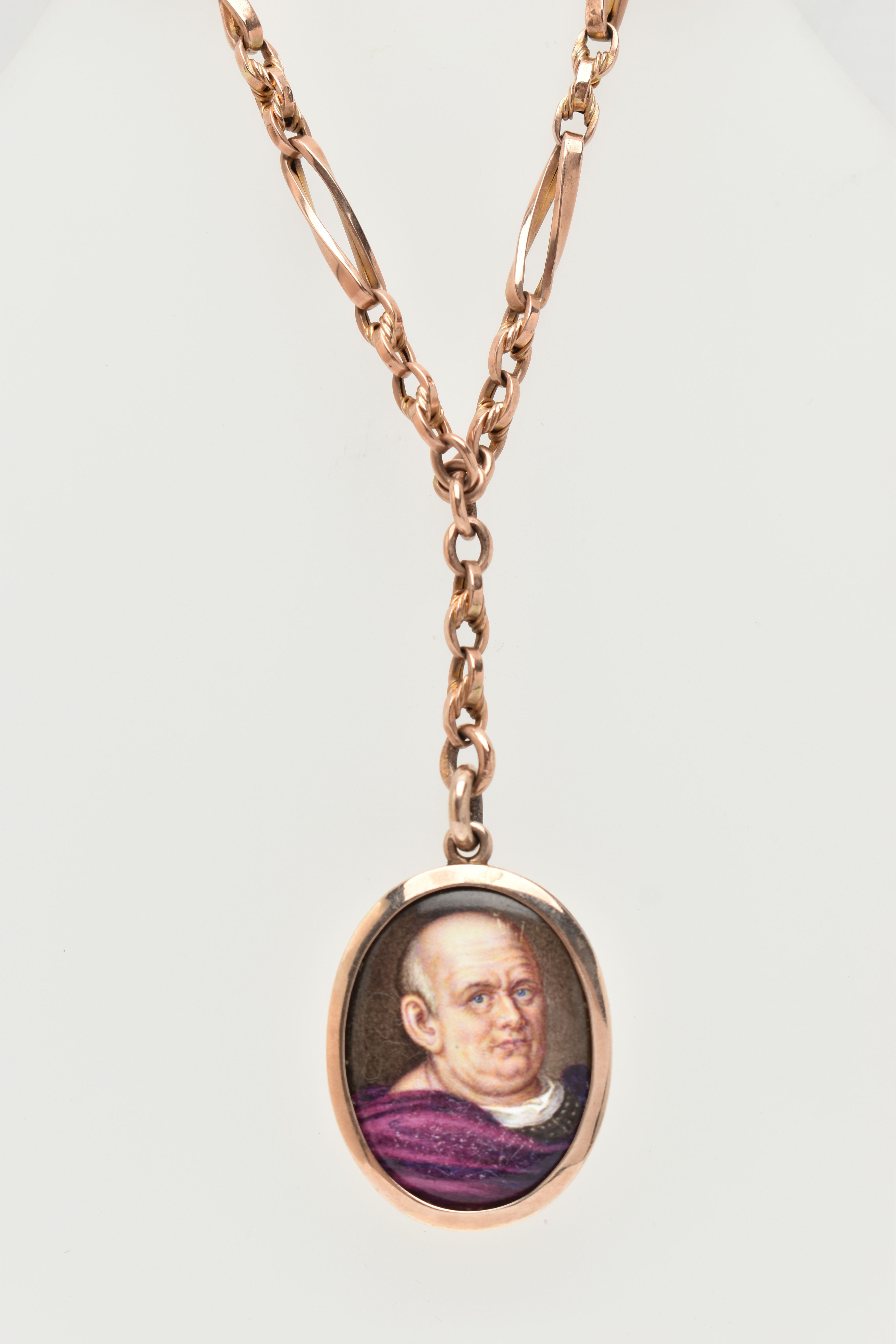 AN EARLY 20TH CENTURY MINIATURE PORTRAIT PENDANT AND CHAIN, the oval enamel pendant depicting a - Image 2 of 7