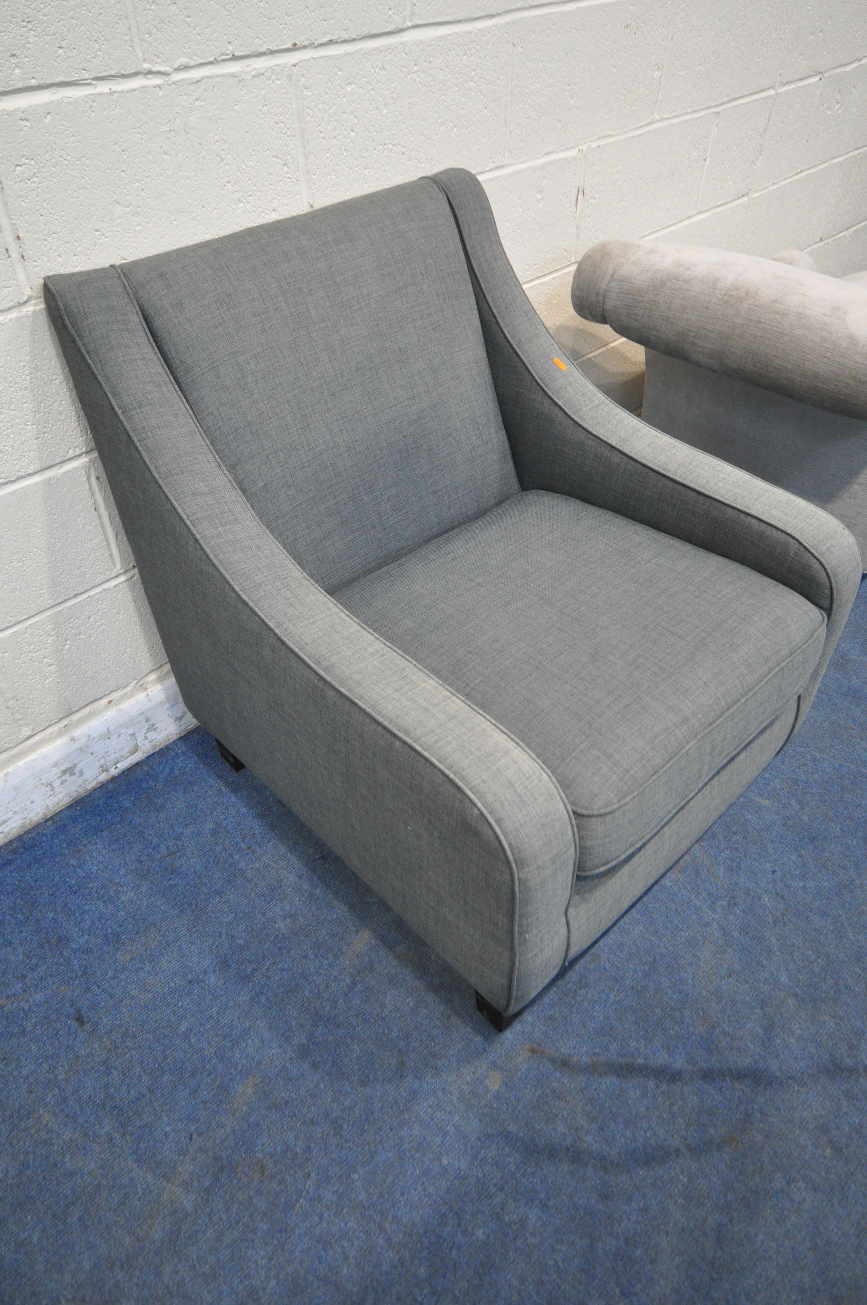 A GREY UPHOLSTERED ARMCHAIR, width 77cm x depth 88cm x height 88cm, along with a modern chaise - Image 2 of 4