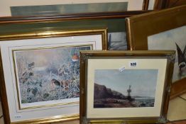 A SMALL SELECTION OF PAINTINGS AND PRINTS ETC, comprising a late 20th century coastal watercolour